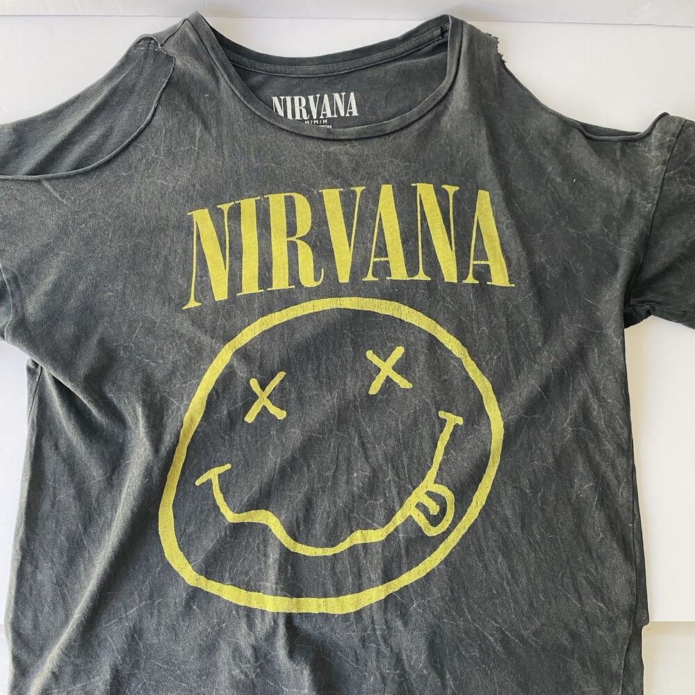 Nirvana T-Shirt Grunge‎ Smiley Face Kurt Cobain Rock Band Cotton Gray Women M